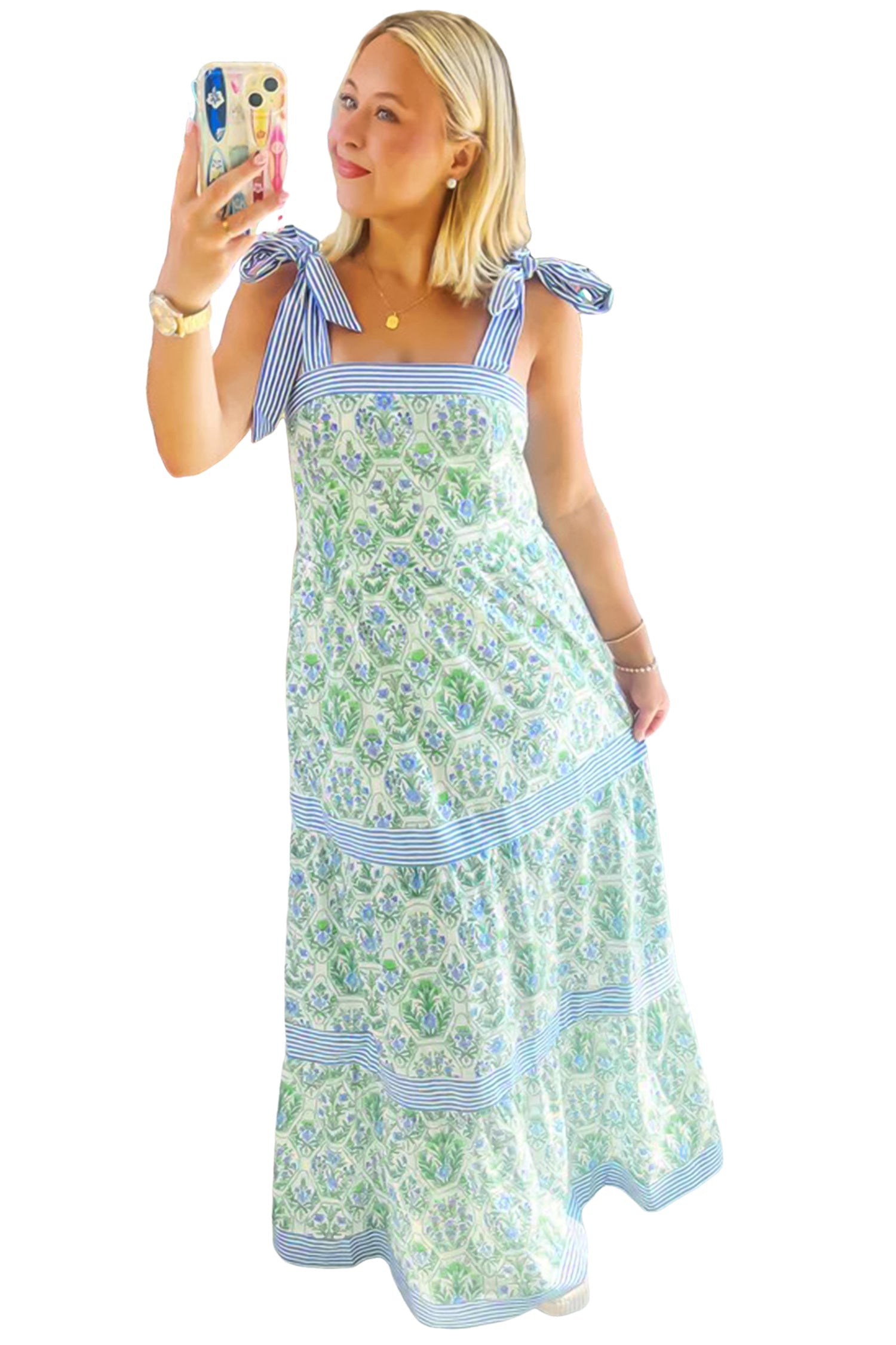 Floral Geometric Stripe Patchwork Sleeveless Dress