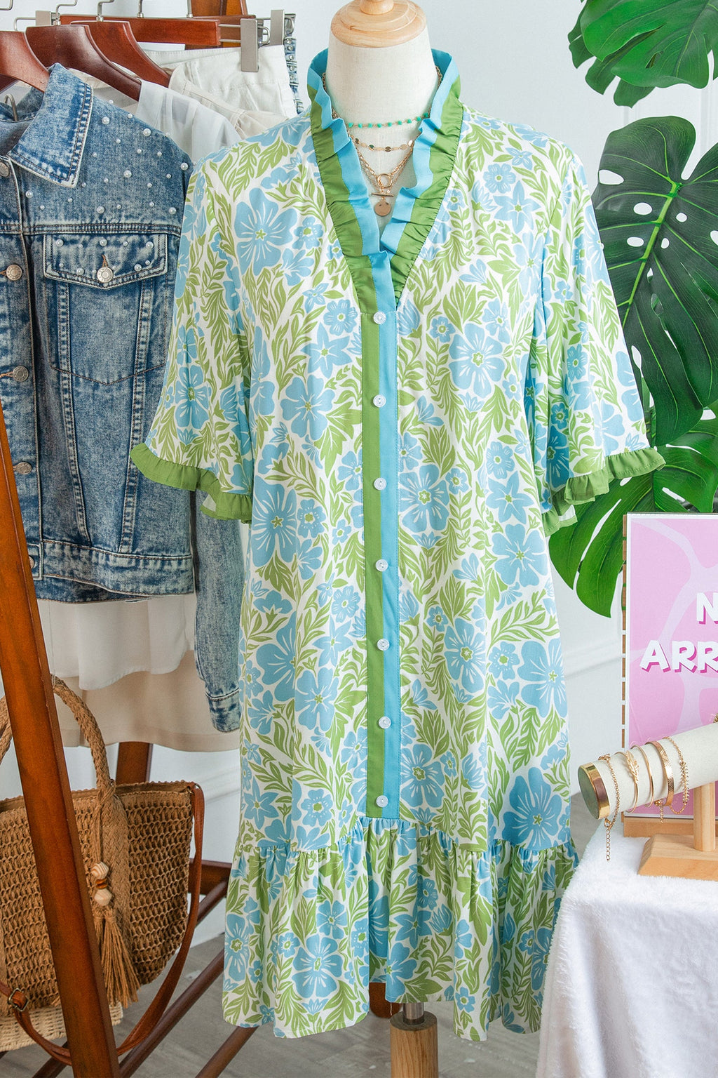 Floral Frilled V-Neck Button Front Dress