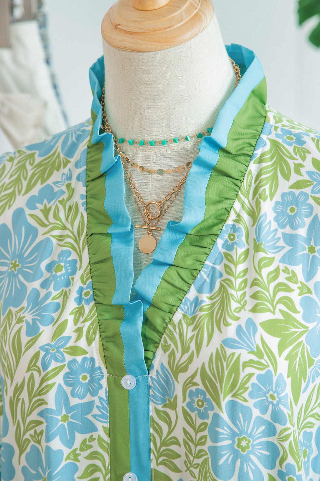 Floral Frilled V-Neck Button Front Dress
