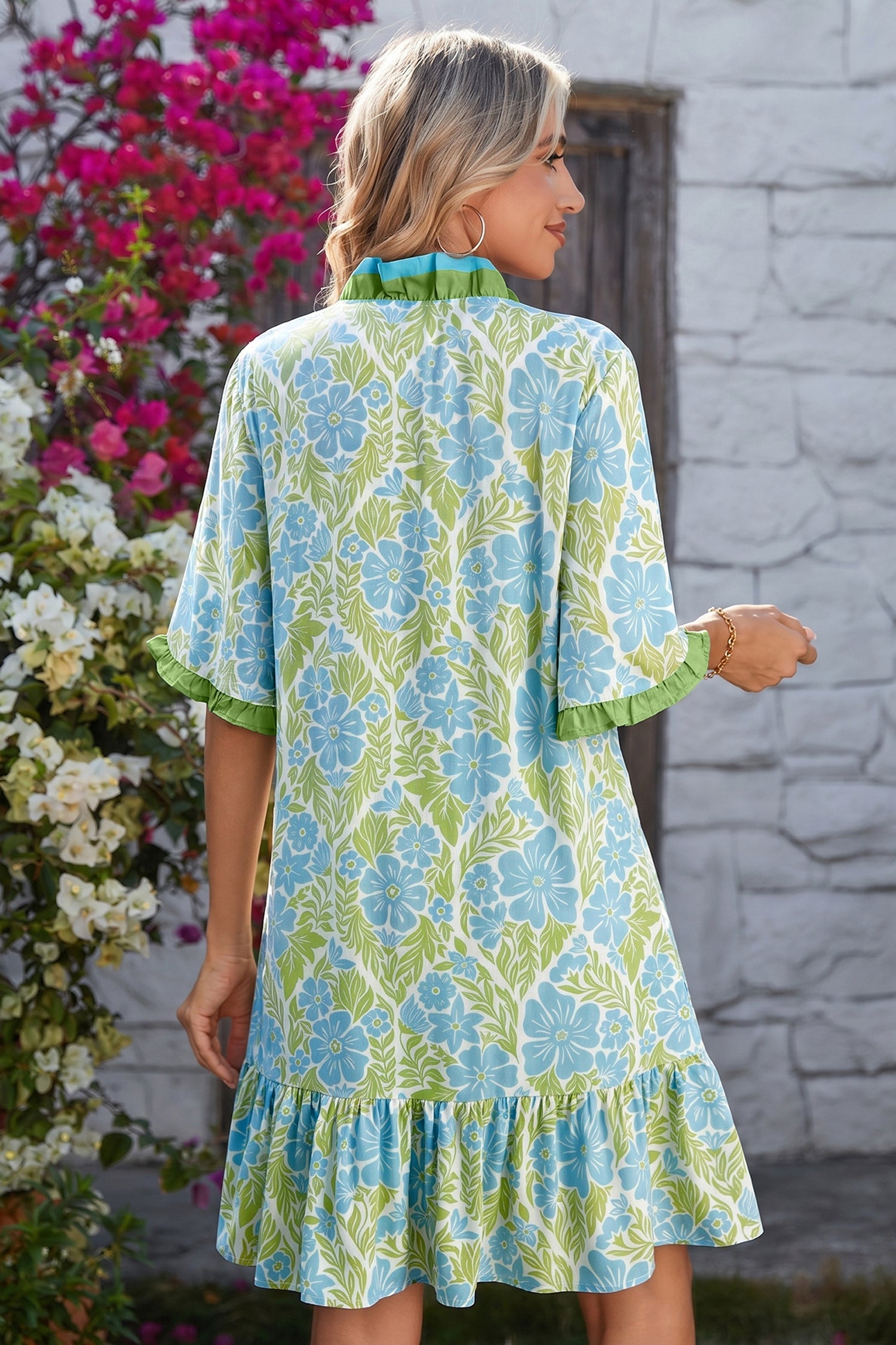 Floral Frilled V-Neck Button Front Dress