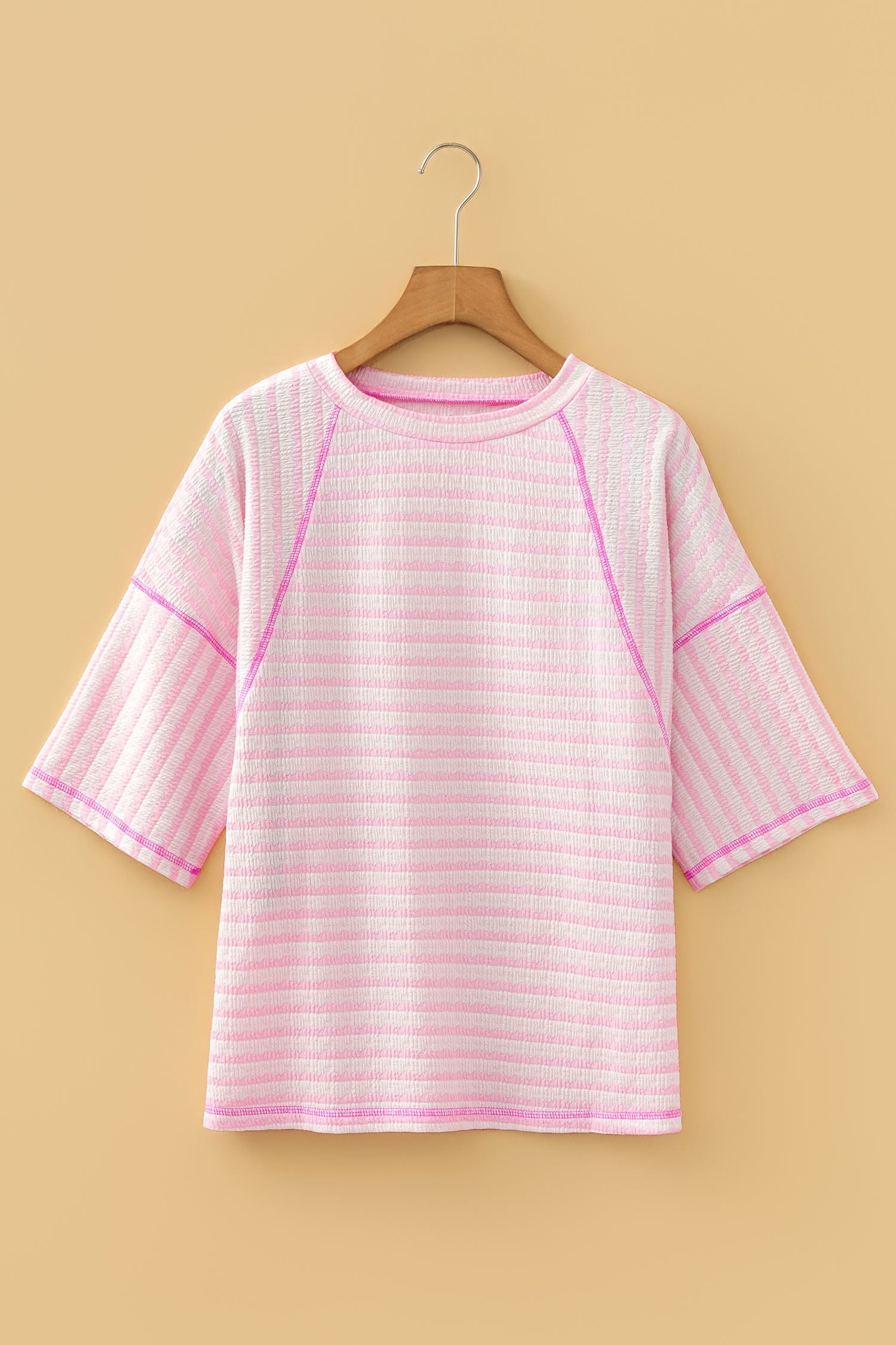 Noelle Textured Knit Split Hem Half Sleeve Loose Top - Pink