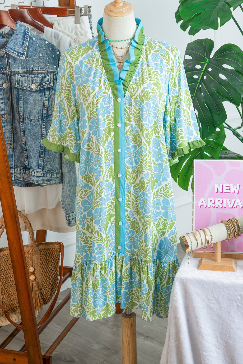 Floral Frilled V-Neck Button Front Dress