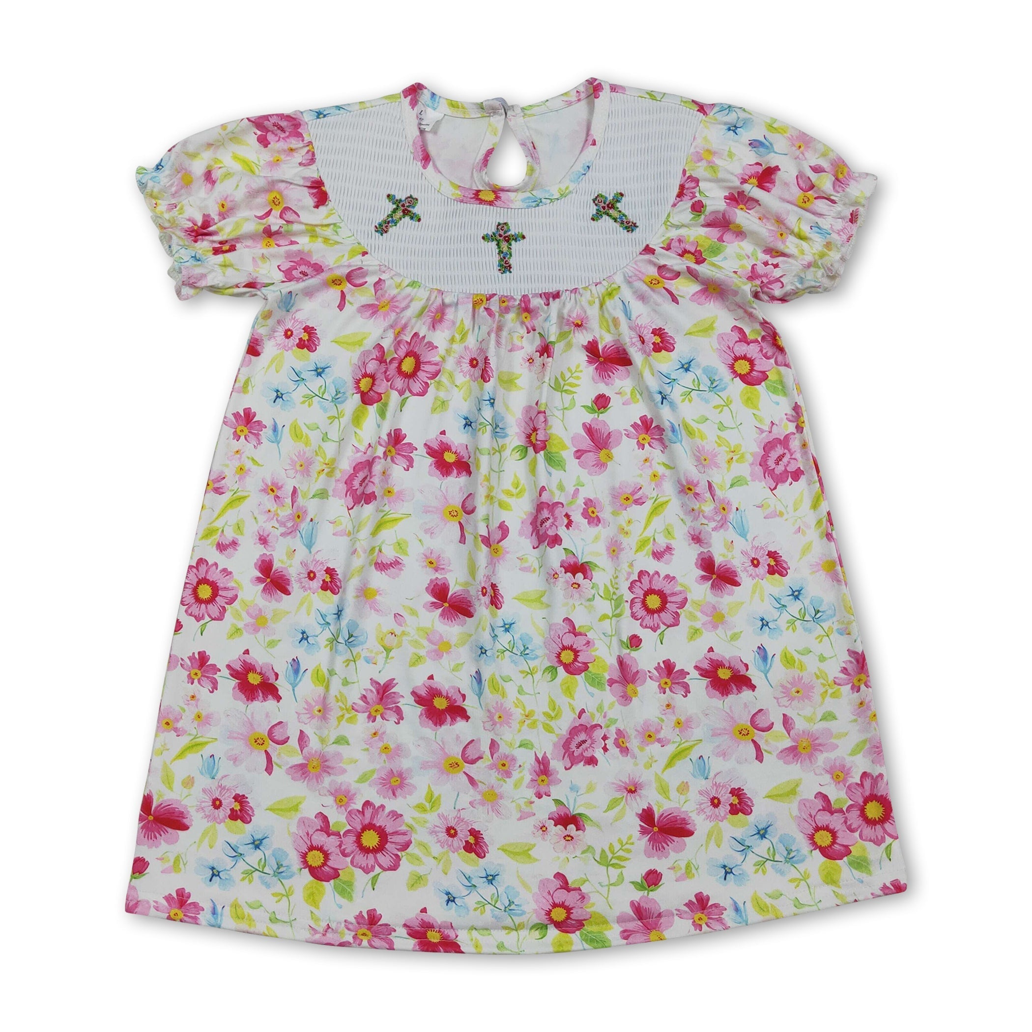Floral short sleeves cross smocked baby girls dress