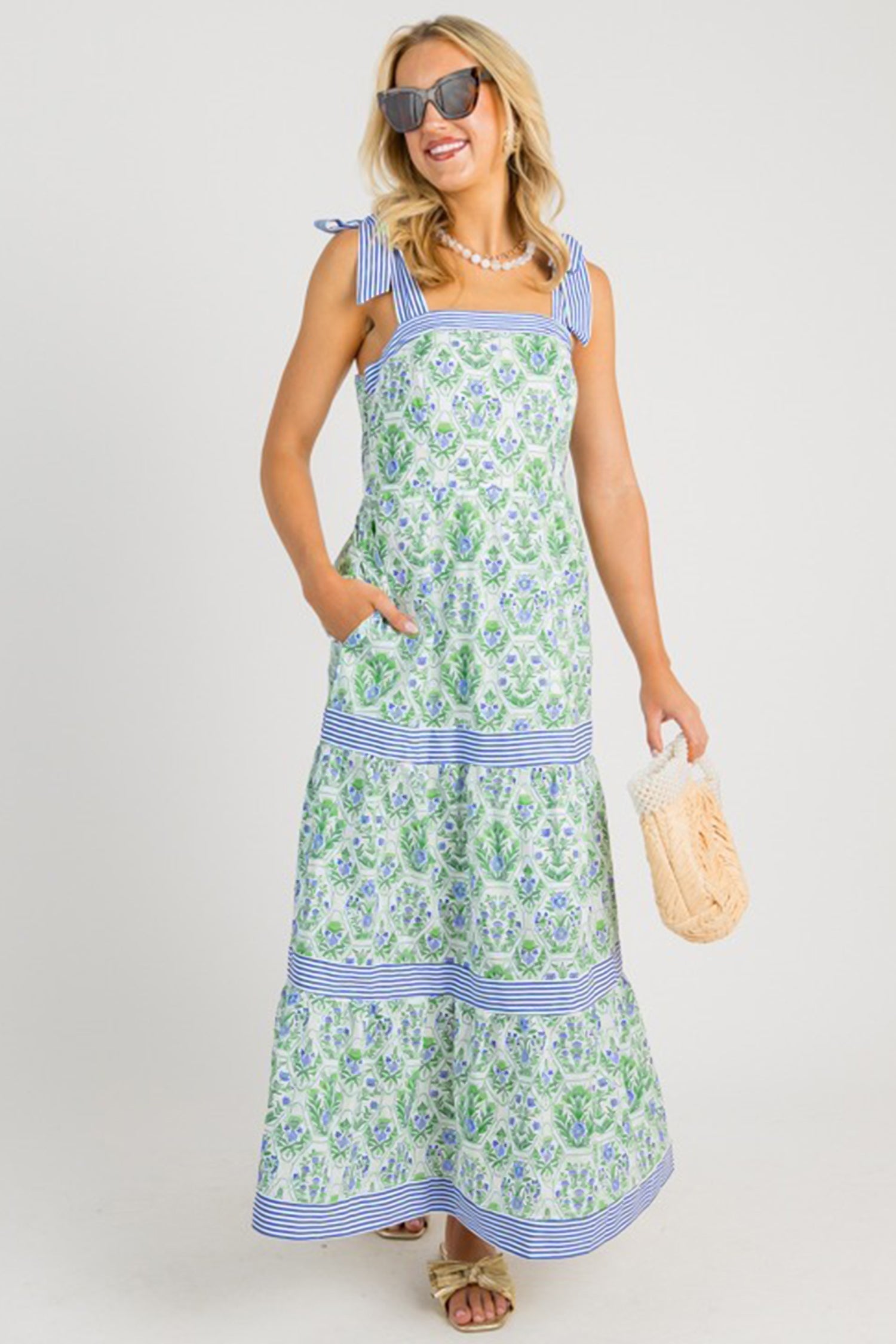 Floral Geometric Stripe Patchwork Sleeveless Dress